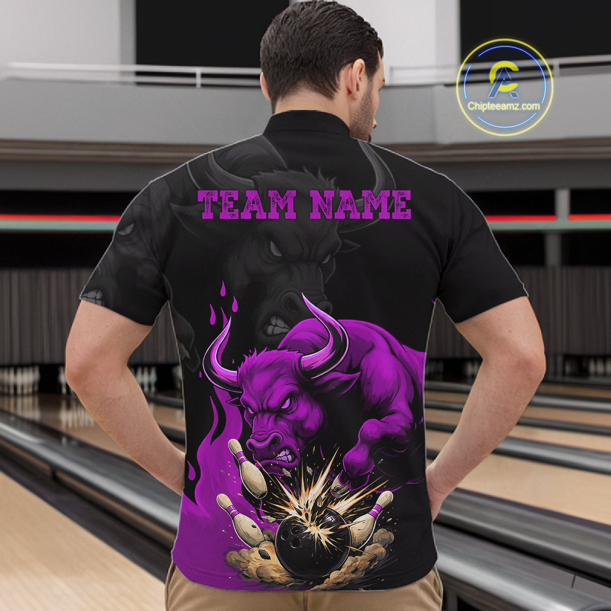 Black And Purple Funny Bull Bowling Shirt For Men Custom Bowling Team Jersey Polo & Quarter Zip TDM7406
