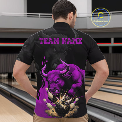 Black And Purple Funny Bull Bowling Shirt For Men Custom Bowling Team Jersey Polo & Quarter Zip TDM7406