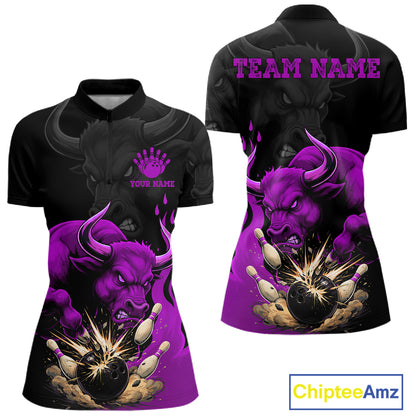 Black And Purple Funny Bull Bowling Shirt For Women Custom Bowling Team Jersey Polo & Quarter Zip TDM7406