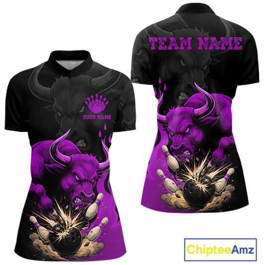 Black And Purple Funny Bull Bowling Shirt For Women Custom Bowling Team Jersey Polo & Quarter Zip TDM7406