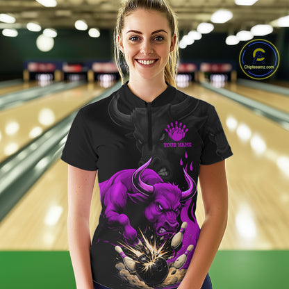 Black And Purple Funny Bull Bowling Shirt For Women Custom Bowling Team Jersey Polo & Quarter Zip TDM7406