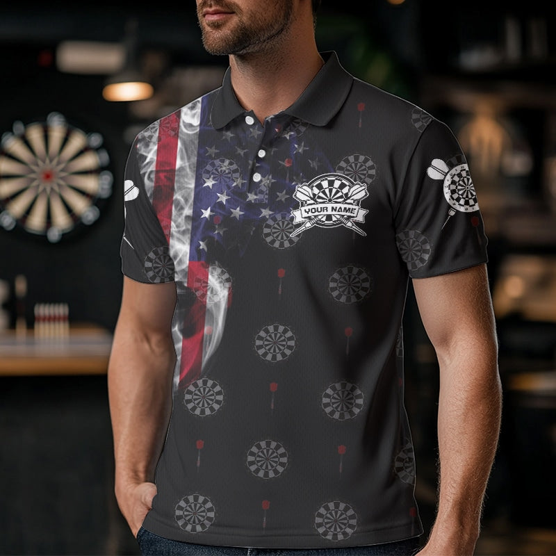 Smoke American Flag Darts Polo, Quarter-Zip Shirt Custom Patriotic Dart Shirts For Men Dart Jerseys TDM2634