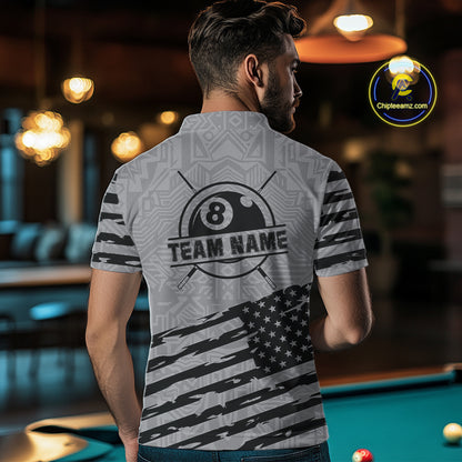 Personalized Grey US Flag 8 Ball Billiard Shirt For Men Custom Billiard Team Shirt, Pool Jerseys TDM4903