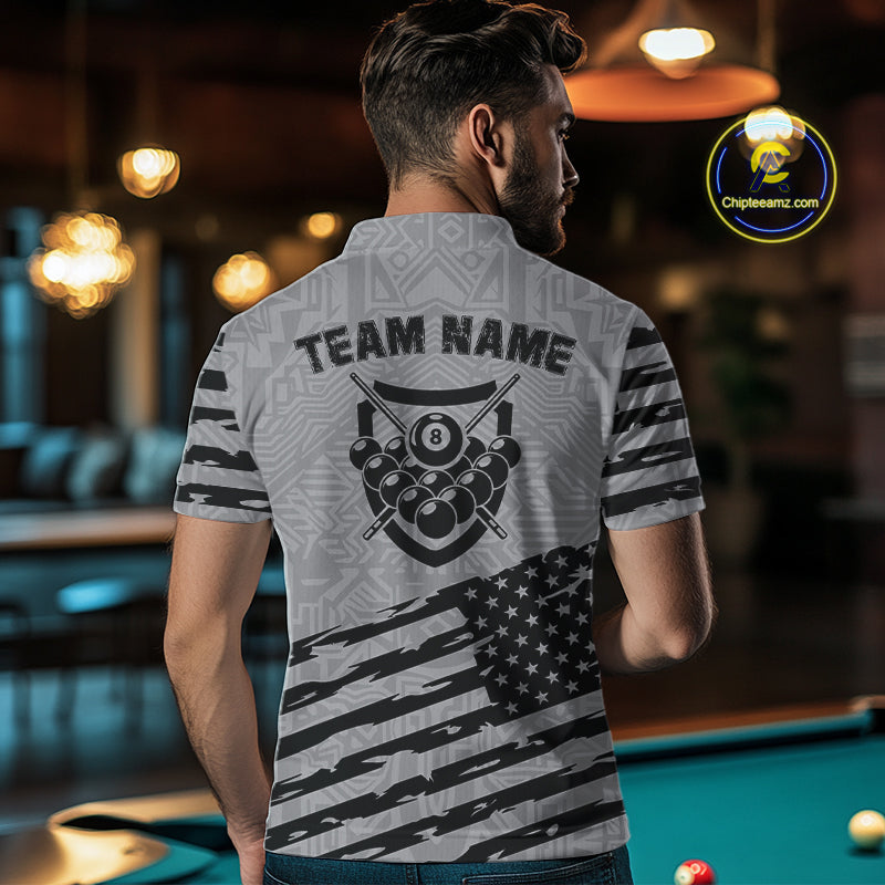 Personalized Grey US Flag 8 Ball Billiard Shirt For Men Custom Patriotic Billiard Pool Jerseys TDM4904
