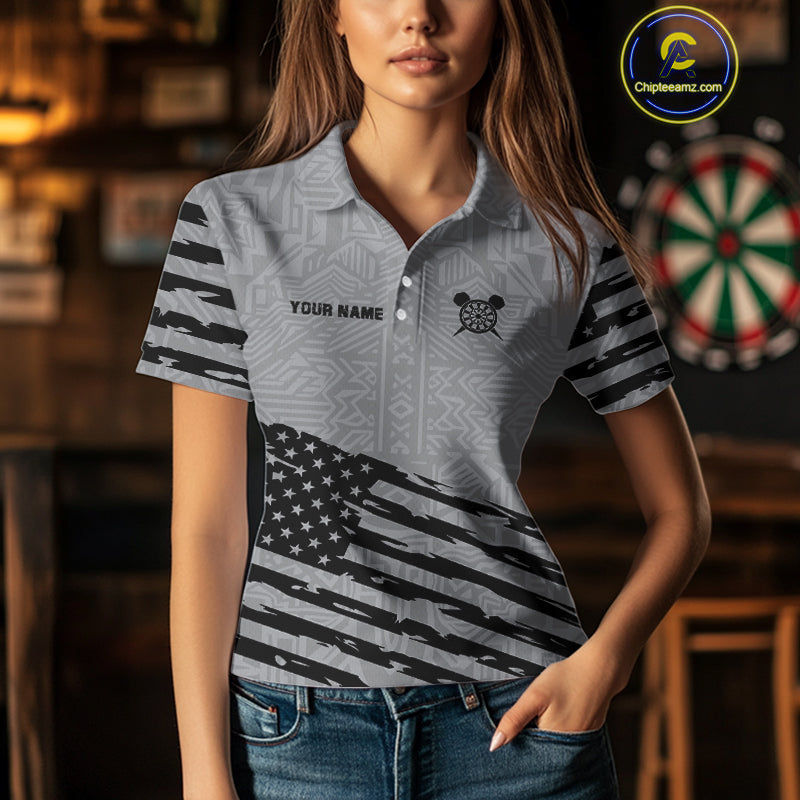 Personalized Grey US Flag Darts Shirt For Women Custom Darts Jersey, Darts Tournament Team Shirts TDM4905