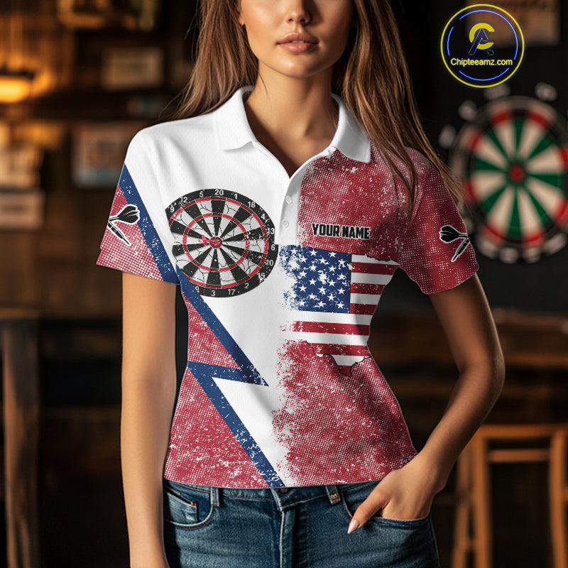 Personalized Grunge American Flag Women's Dart Shirts Custom Patriotic Darts Team Jersey |White TDM4906