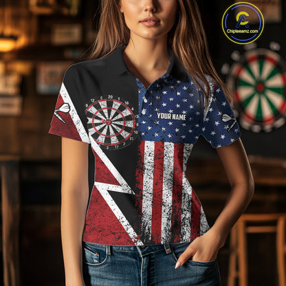 Personalized Grunge American Flag Women's Dart Shirts Custom Patriotic Darts Team Jersey Polo & 1/4 Zip TDM4907