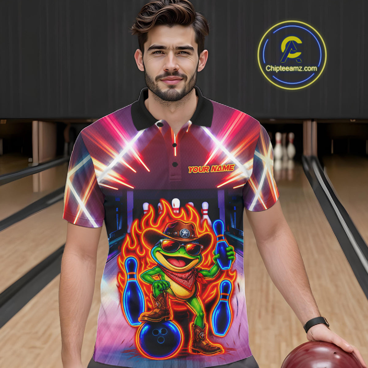 Funny Neon Flame Cowboy Frog Bowling Shirts For Men Custom Bowling League Bowling Team Jersey TDM7726