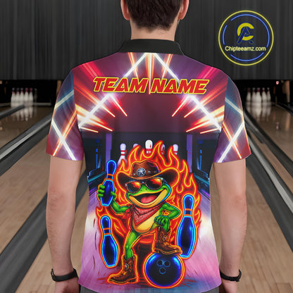 Funny Neon Flame Cowboy Frog Bowling Shirts For Men Custom Bowling League Bowling Team Jersey TDM7726