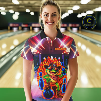 Funny Neon Flame Cowboy Frog Bowling Shirts For Women Custom Bowling League Bowling Team Jersey TDM7726