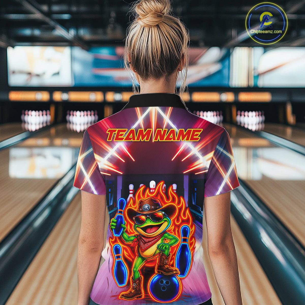 Funny Neon Flame Cowboy Frog Bowling Shirts For Women Custom Bowling League Bowling Team Jersey TDM7726