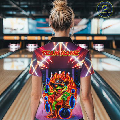 Funny Neon Flame Cowboy Frog Bowling Shirts For Women Custom Bowling League Bowling Team Jersey TDM7726