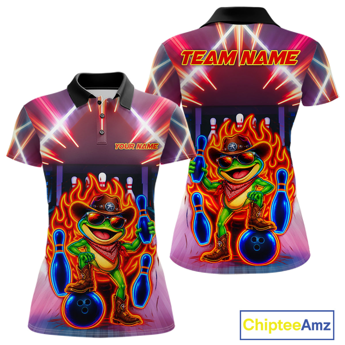 Funny Neon Flame Cowboy Frog Bowling Shirts For Women Custom Bowling League Bowling Team Jersey TDM7726