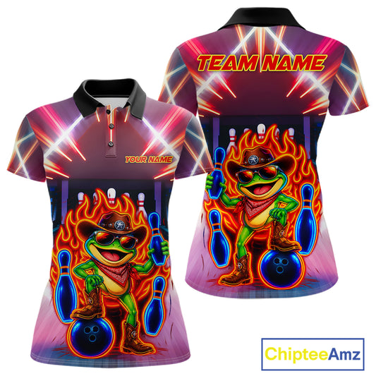 Funny Neon Flame Cowboy Frog Bowling Shirts For Women Custom Bowling League Bowling Team Jersey TDM7726