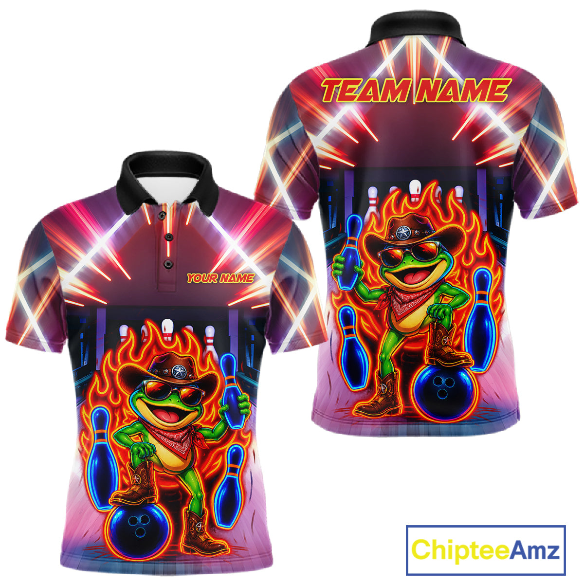 Funny Neon Flame Cowboy Frog Bowling Shirts For Men Custom Bowling League Bowling Team Jersey TDM7726