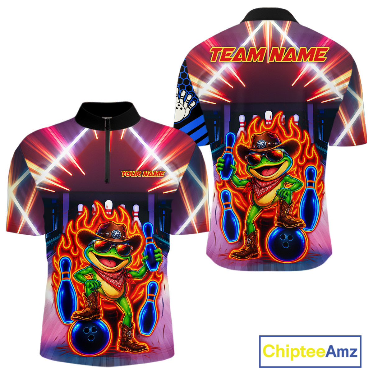Funny Neon Flame Cowboy Frog Bowling Shirts For Men Custom Bowling League Bowling Team Jersey TDM7726