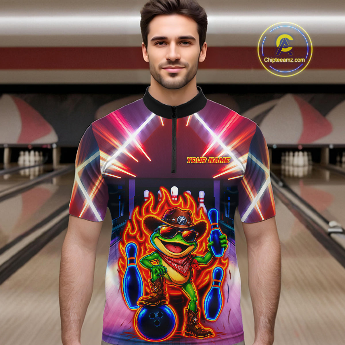 Funny Neon Flame Cowboy Frog Bowling Shirts For Men Custom Bowling League Bowling Team Jersey TDM7726