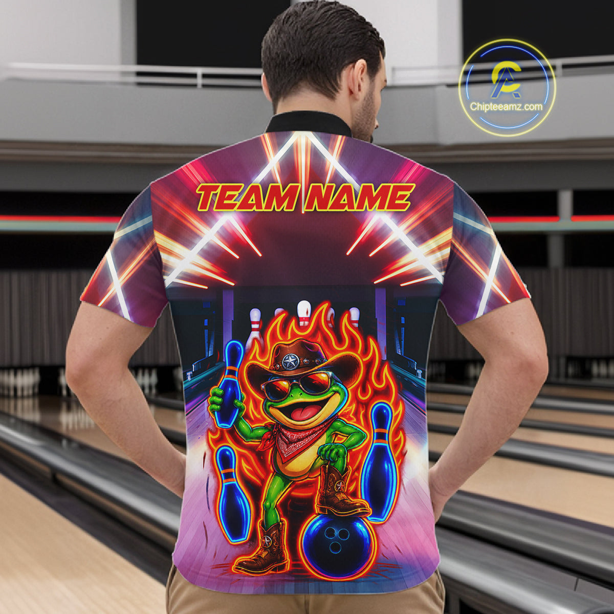 Funny Neon Flame Cowboy Frog Bowling Shirts For Men Custom Bowling League Bowling Team Jersey TDM7726