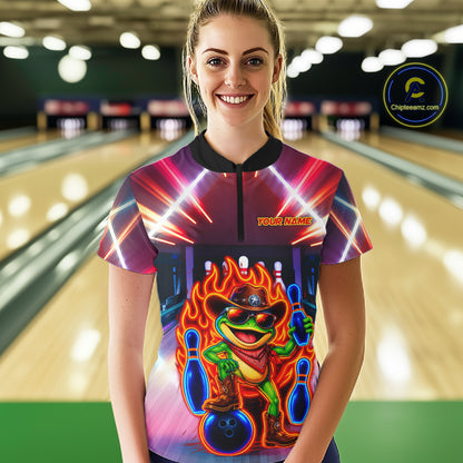 Funny Neon Flame Cowboy Frog Bowling Shirts For Women Custom Bowling League Bowling Team Jersey TDM7726