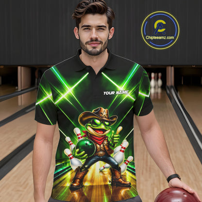 Green Funny Neon Cowboy Frog Bowling Shirts For Men Custom Bowling League Bowling Team Jersey TDM7727