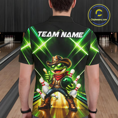 Green Funny Neon Cowboy Frog Bowling Shirts For Men Custom Bowling League Bowling Team Jersey TDM7727