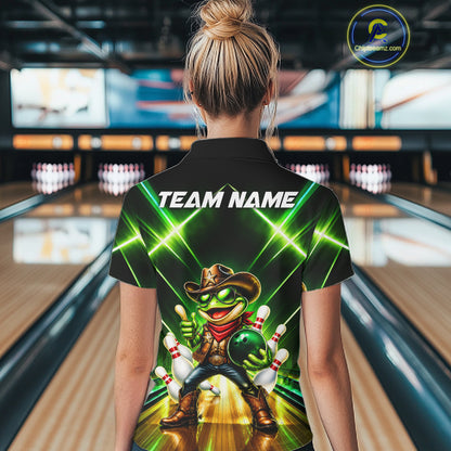 Green Funny Neon Cowboy Frog Bowling Shirts For Women Custom Bowling League Bowling Team Jersey TDM7727