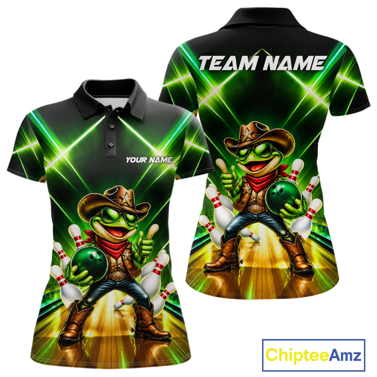 Green Funny Neon Cowboy Frog Bowling Shirts For Women Custom Bowling League Bowling Team Jersey TDM7727