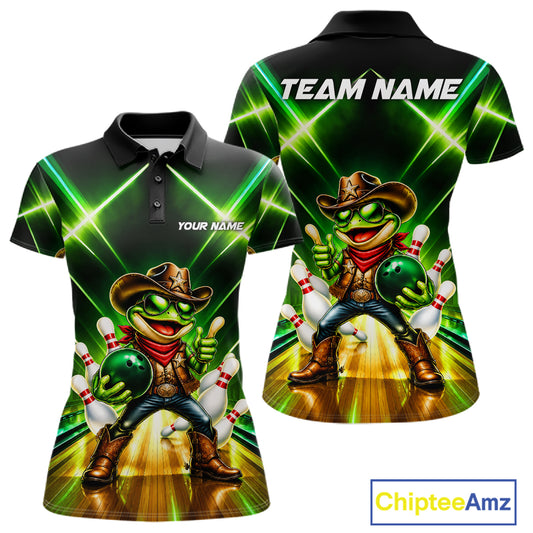 Green Funny Neon Cowboy Frog Bowling Shirts For Women Custom Bowling League Bowling Team Jersey TDM7727