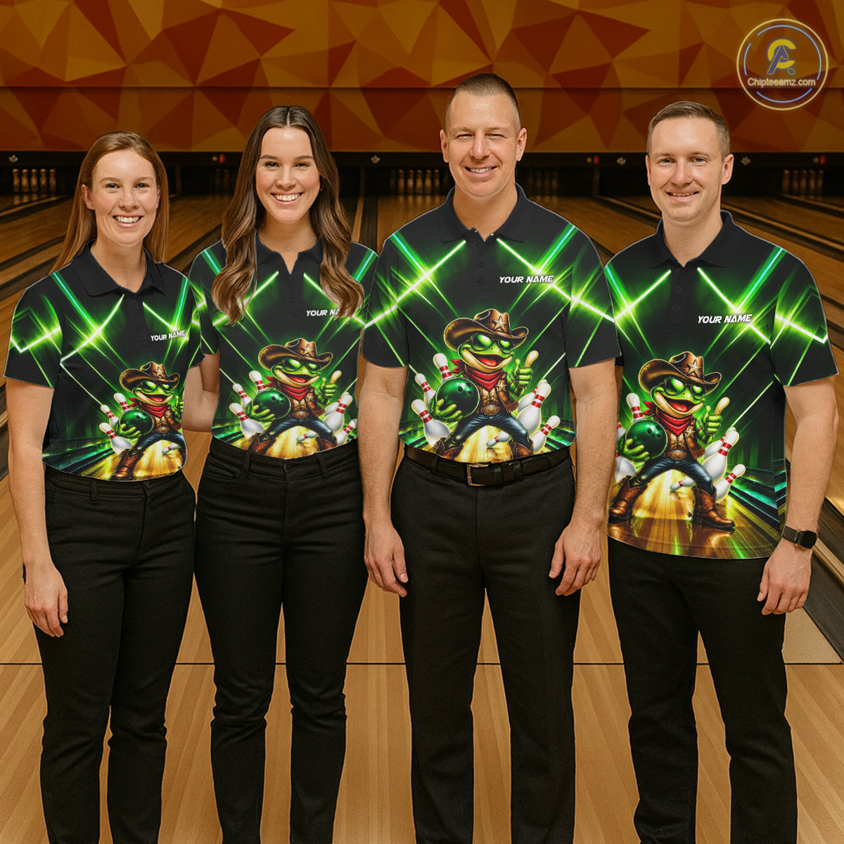 Green Funny Neon Cowboy Frog Bowling Shirts For Women Custom Bowling League Bowling Team Jersey TDM7727