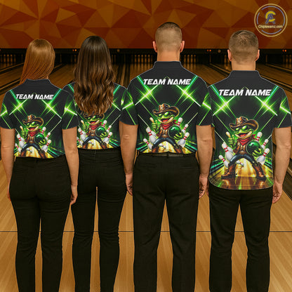 Green Funny Neon Cowboy Frog Bowling Shirts For Women Custom Bowling League Bowling Team Jersey TDM7727