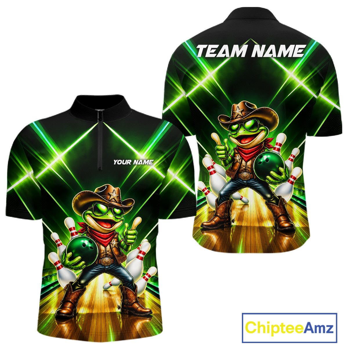 Green Funny Neon Cowboy Frog Bowling Shirts For Men Custom Bowling League Bowling Team Jersey TDM7727