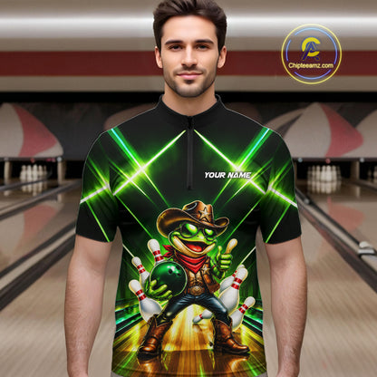 Green Funny Neon Cowboy Frog Bowling Shirts For Men Custom Bowling League Bowling Team Jersey TDM7727
