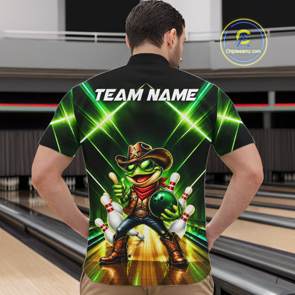 Green Funny Neon Cowboy Frog Bowling Shirts For Men Custom Bowling League Bowling Team Jersey TDM7727