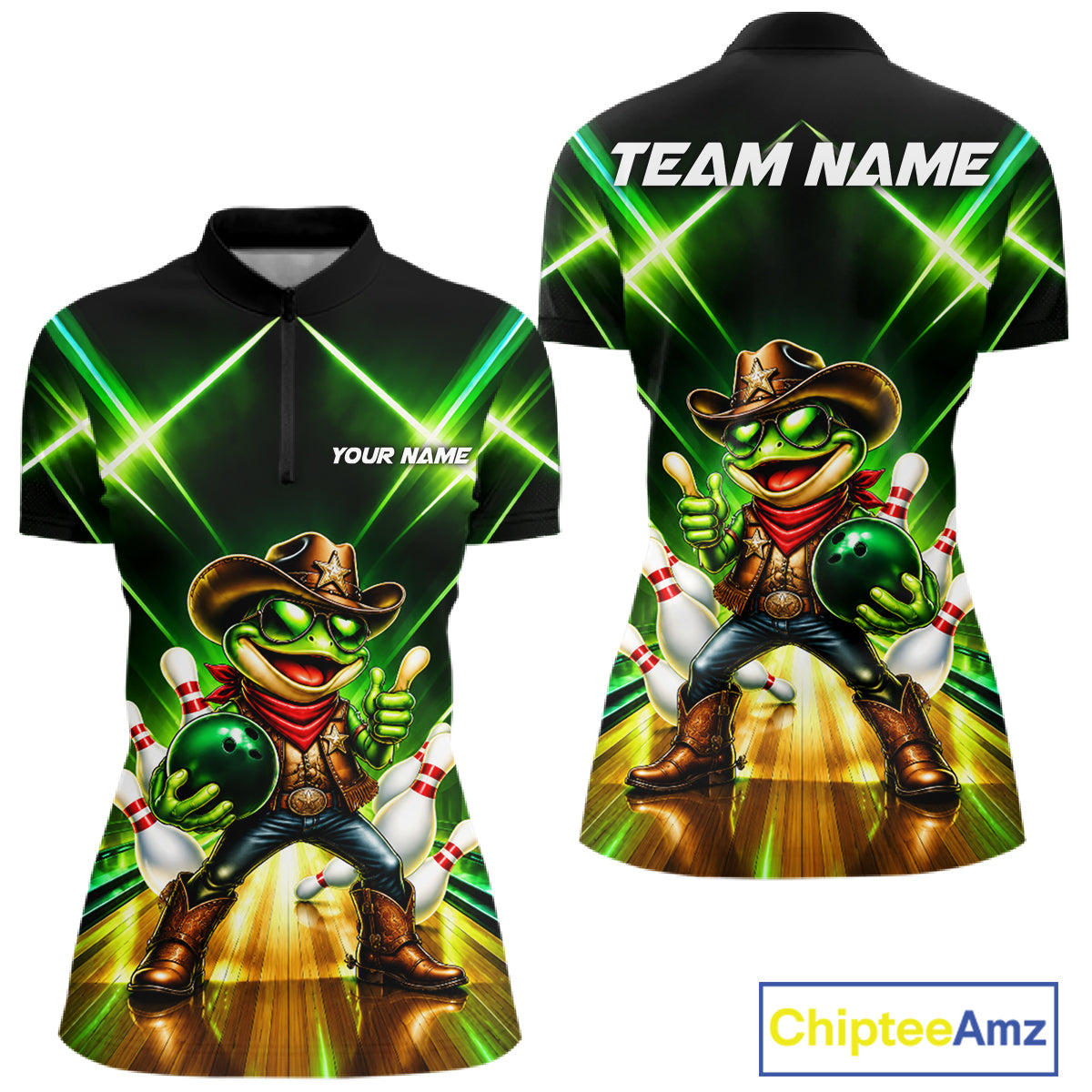 Green Funny Neon Cowboy Frog Bowling Shirts For Women Custom Bowling League Bowling Team Jersey TDM7727