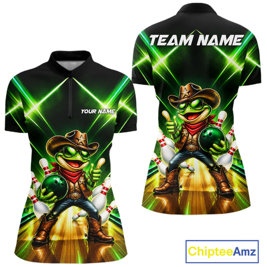 Green Funny Neon Cowboy Frog Bowling Shirts For Women Custom Bowling League Bowling Team Jersey TDM7727