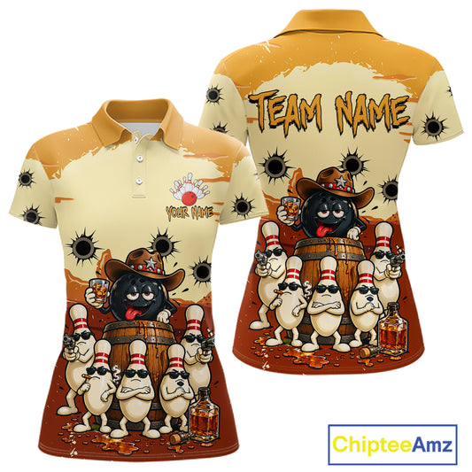 Funny Drunk Cowboy Bourbon Bowling Shirts For Women Custom Bowling Team Outfit Jersey Polo & 1/4 Zip TDM7728