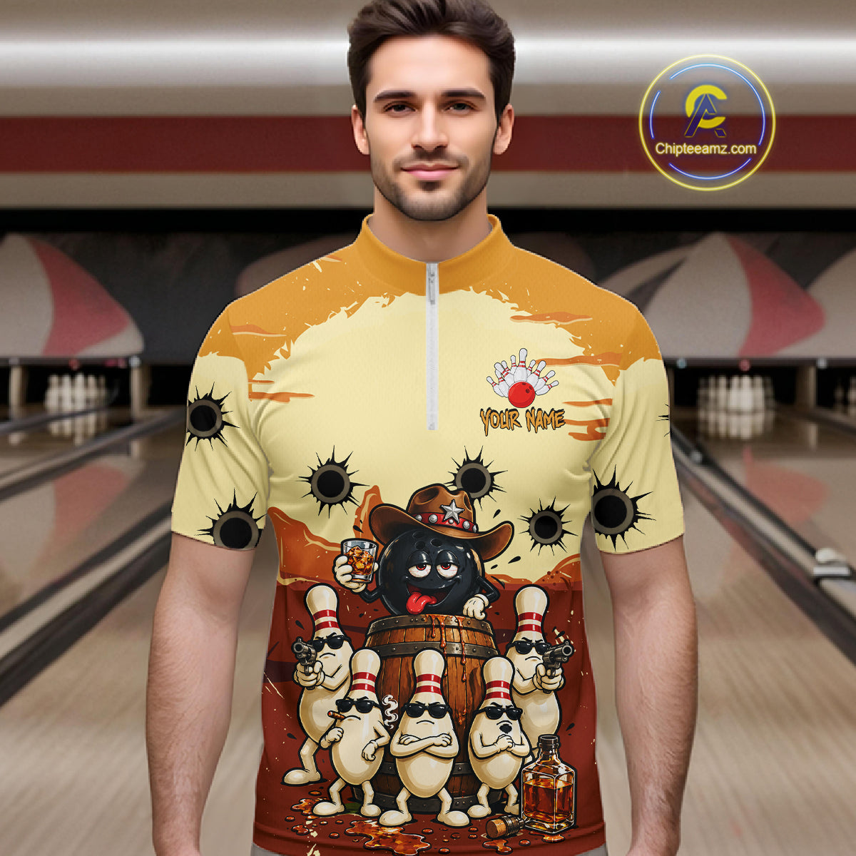 Funny Drunk Cowboy Bourbon Bowling Shirts For Men Custom Bowling Team Outfit Jersey Polo & 1/4 Zip TDM7728