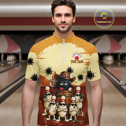 Funny Drunk Cowboy Bourbon Bowling Shirts For Men Custom Bowling Team Outfit Jersey Polo & 1/4 Zip TDM7728