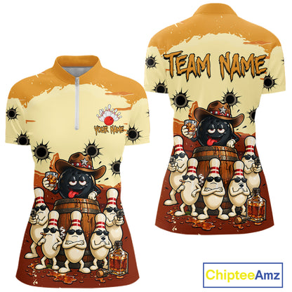 Funny Drunk Cowboy Bourbon Bowling Shirts For Women Custom Bowling Team Outfit Jersey Polo & 1/4 Zip TDM7728