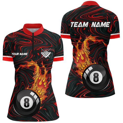Personalized 8 Ball Pool Fire 3D Women Quarter-Zip Shirts Custom Name Unique Billiard Shirts TDM0461