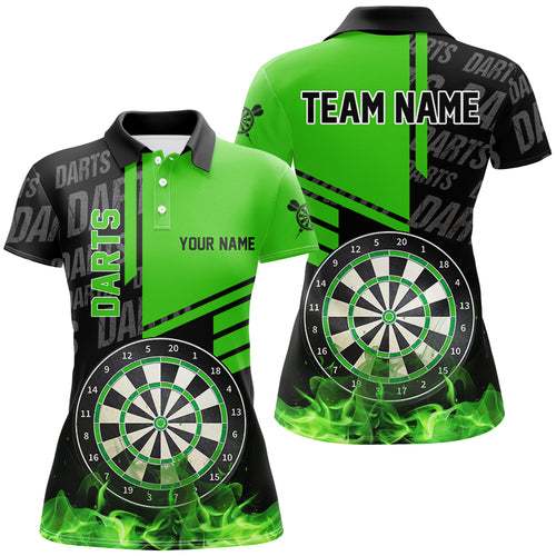 Black And Green Fire Darts Shirts For Women Custom Darts League Team Jerseys Darts Polo & 1/4 Zip TDM2880