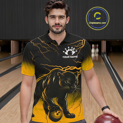 Black And Yellow Custom Thunder Lightning Panther Bowling Team Shirt For Men Bowling League Jersey TDM8048