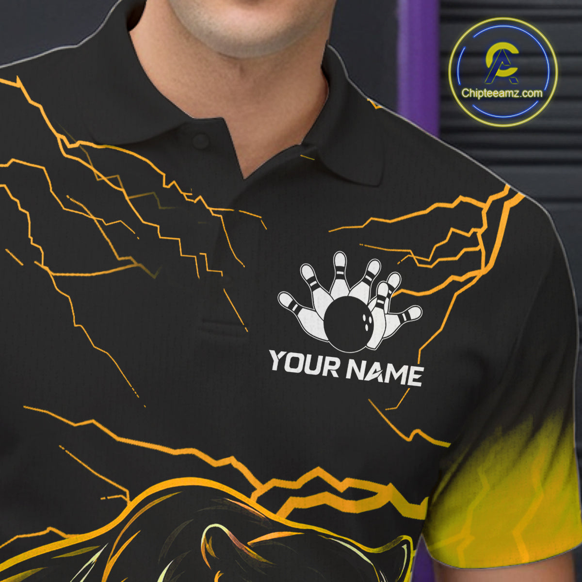 Black And Yellow Custom Thunder Lightning Panther Bowling Team Shirt For Men Bowling League Jersey TDM8048
