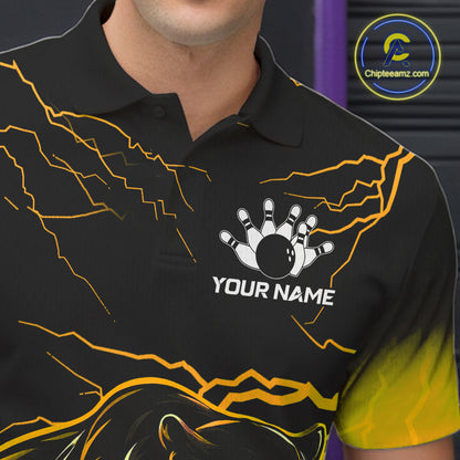 Black And Yellow Custom Thunder Lightning Panther Bowling Team Shirt For Men Bowling League Jersey TDM8048
