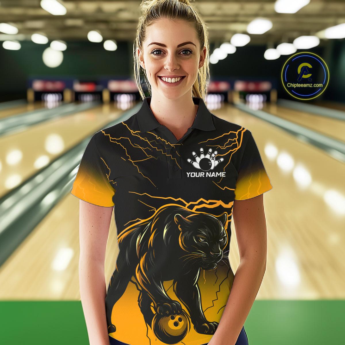 Black And Yellow Custom Thunder Lightning Panther Bowling Team Shirt For Women Bowling League Jersey TDM8048