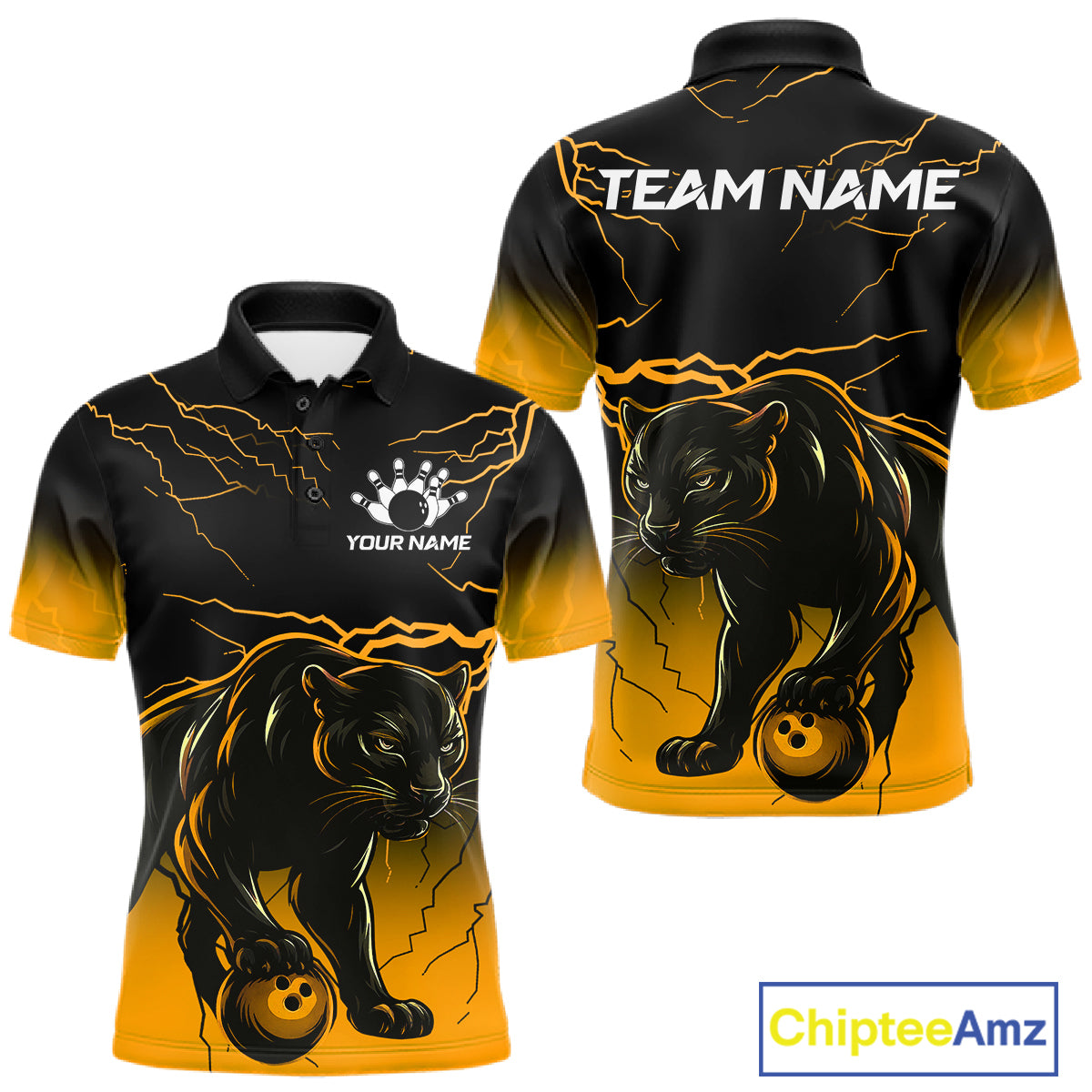 Black And Yellow Custom Thunder Lightning Panther Bowling Team Shirt For Men Bowling League Jersey TDM8048