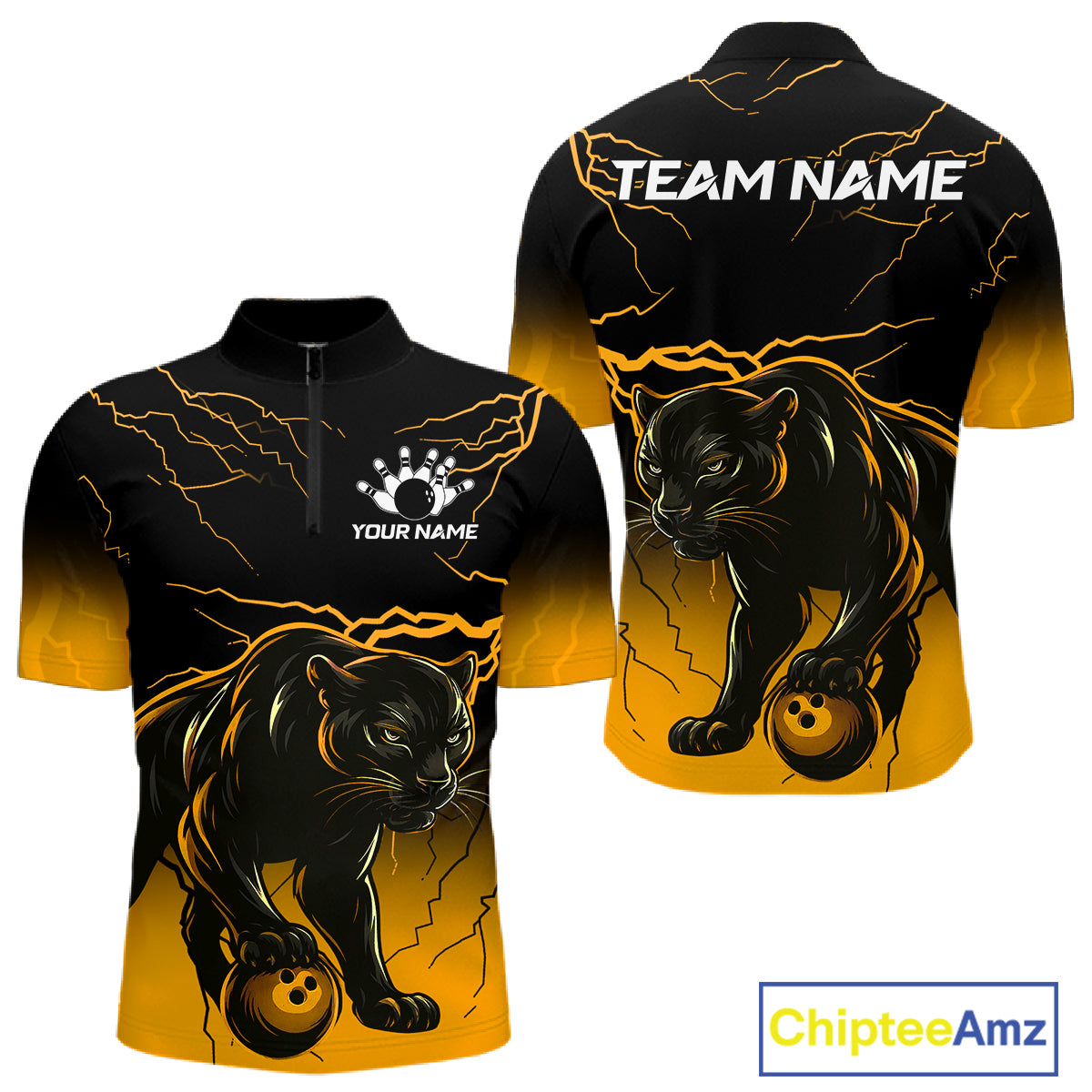 Black And Yellow Custom Thunder Lightning Panther Bowling Team Shirt For Men Bowling League Jersey TDM8048