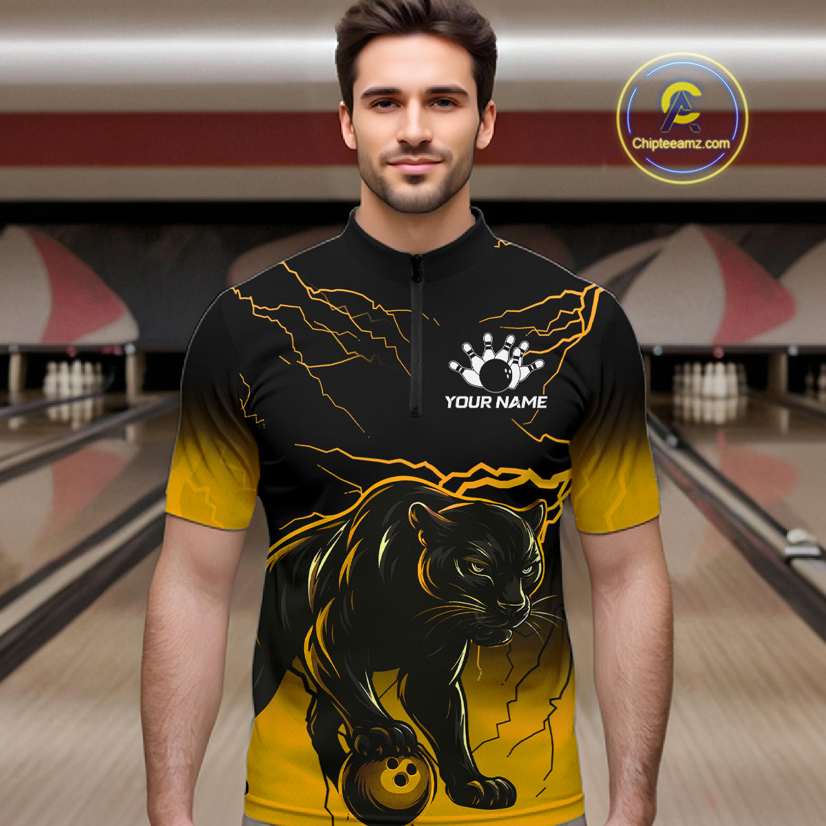 Black And Yellow Custom Thunder Lightning Panther Bowling Team Shirt For Men Bowling League Jersey TDM8048