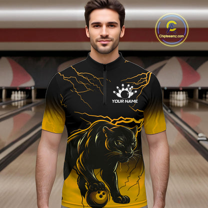Black And Yellow Custom Thunder Lightning Panther Bowling Team Shirt For Men Bowling League Jersey TDM8048