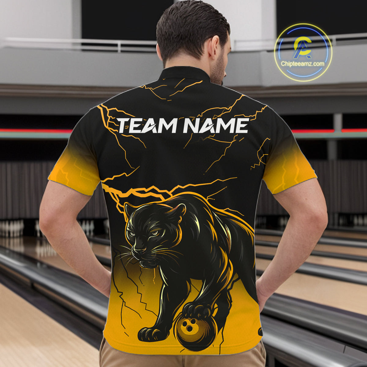 Black And Yellow Custom Thunder Lightning Panther Bowling Team Shirt For Men Bowling League Jersey TDM8048